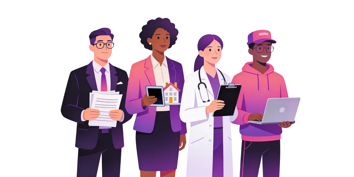 Business professionals from accounting, real estate, medical, and e-commerce industries connected by automation workflow lines