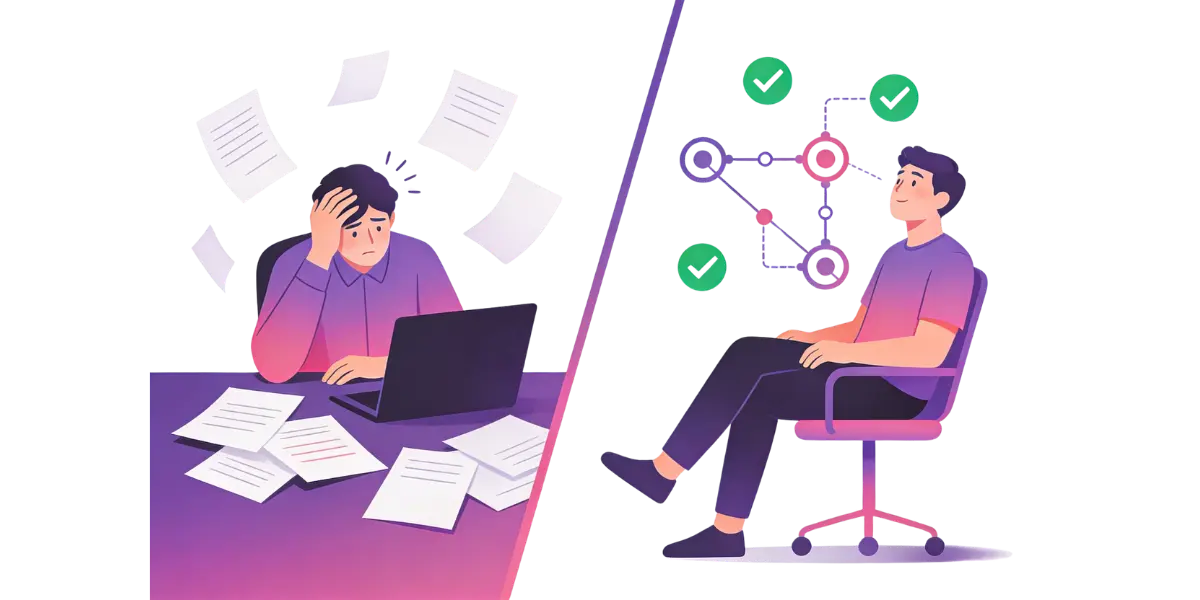 Before and after comparison showing manual overwhelmed work versus automated efficient workflow with green checkmarks