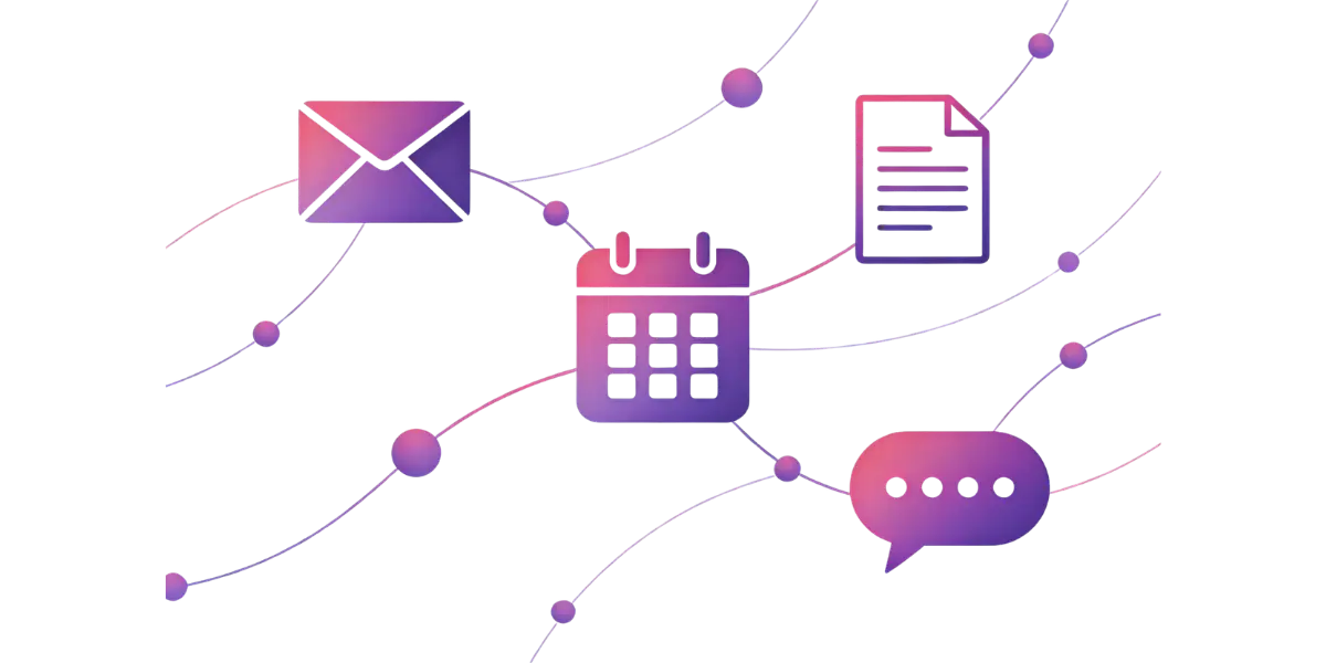 AI business workflow automation with connected nodes showing email, calendar, document, and chat integrations